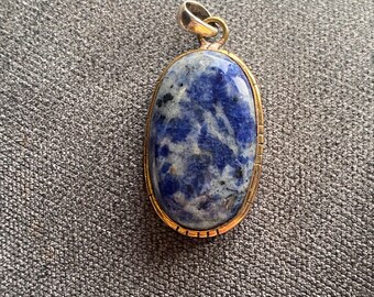 Gorgeous Large Blue Sodalite Oval Pendant Set in Brass with Sterling Silver Bale!