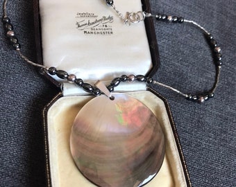 Stunning Sterling Silver Large Iridescent Paua Shell Mother Of Pearl Haematite Statement Necklace Pendant!