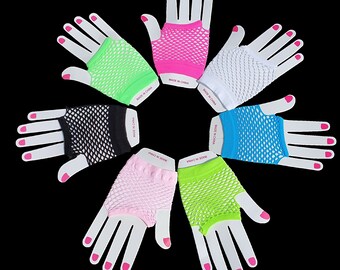 Neon Fingerless Fishnet Gloves Ladies Girls Sexy Short 80s Disco Fancy Dress Halloween One Size