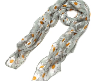 Stylish Grey Daisy Flowers Print Ladies Fashion Scarf Shawl Wrap Hijab 180cm x 70cm