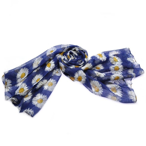 Stylish Blue Daisy Flowers Print Ladies Fashion Scarf Shawl Wrap Hijab 180cm x 70cm