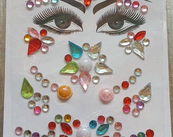 1x Foglio Unisex Faccia Gemme Multi Colorato Adesivi Make Up Body Jewels Festival UK Venditore