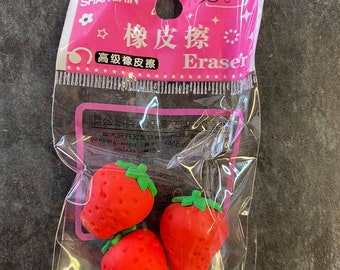 3x Small Strawberry Pencil Topper Novelty Erasers