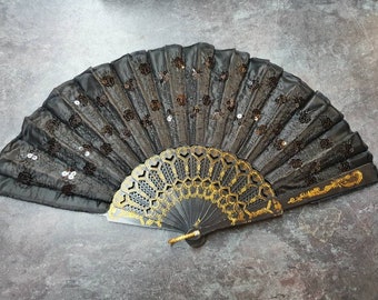 Black Sequins Embroidery Peacock Effect Ladies Unisex Hand Fan Decorative Burlesque Folding Fashion Fan 35cm Span