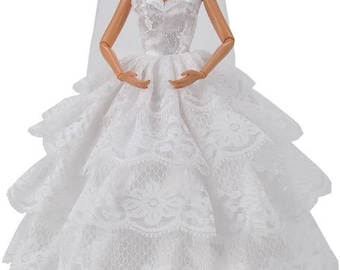 Quality Traditional White Ball Gown Wedding Dress & Veil Outfit Compatible with Standard 11.5" Fashion Dolls Girls Gift Idea