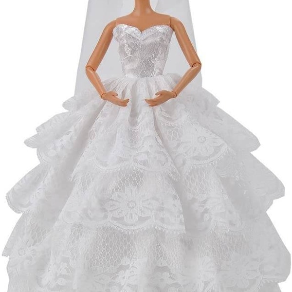 Quality Traditional White Ball Gown Wedding Dress & Veil Outfit Compatible with Standard 11.5" Fashion Dolls Girls Gift Idea