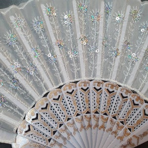 White Sequins Embroidery Peacock Effect Ladies Unisex Hand Fan Decorative Burlesque Folding Fashion Fan 35cm Span image 2