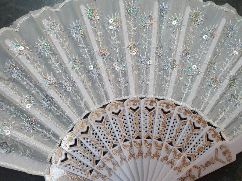 White Sequins Embroidery Peacock Effect Ladies Unisex Hand Fan Decorative Burlesque Folding Fashion Fan 35cm Span image 2