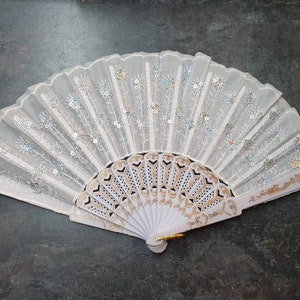 White Sequins Embroidery Peacock Effect Ladies Unisex Hand Fan Decorative Burlesque Folding Fashion Fan 35cm Span image 1