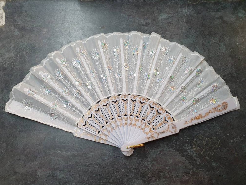 White Sequins Embroidery Peacock Effect Ladies Unisex Hand Fan Decorative Burlesque Folding Fashion Fan 35cm Span image 1