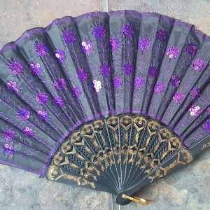 Purple Sequins Embroidery Peacock Effect Spanish Ladies Unisex Hand Fan Decorative Burlesque Folding Fashion Fan 35cm Span