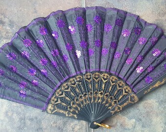 Purple Sequins Embroidery Peacock Effect Spanish Ladies Unisex Hand Fan Decorative Burlesque Folding Fashion Fan 35cm Span