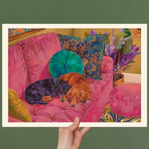 Two Dachshunds on a Cozy Sofa - A3 Fine Art Giclée Print, Pair of Dachshund Dogs in a Decorative Botanical living room, Illustration Print