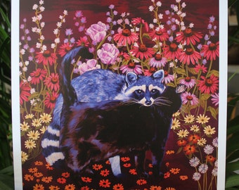 Raccoon and Cat Lovers in Wildflowers, Illustration Art Print on 100% Recycled Paper, Floral and Decorative - 210mm x 210mm