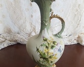 RStK Amphora Vintage Art Noveau Turn Teplitz Green Yellow and Gold Thistle Themed Pitcher