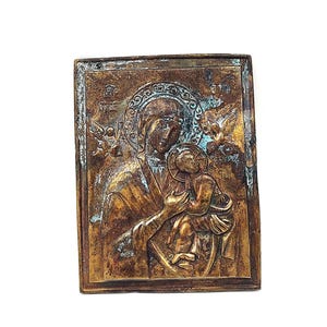 Antique brass icon Holy Mary & Jesus Byzantine orthodox XX century