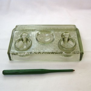 Vintage inkwell glass Double pen stand Desk top