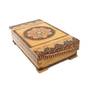 Vintage wooden box Hand-made pyrography Trinket box 80s