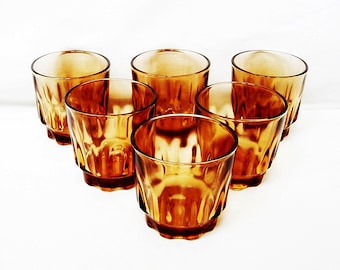 Vintage water amber glasses Pressed brown tumblers Set of 6