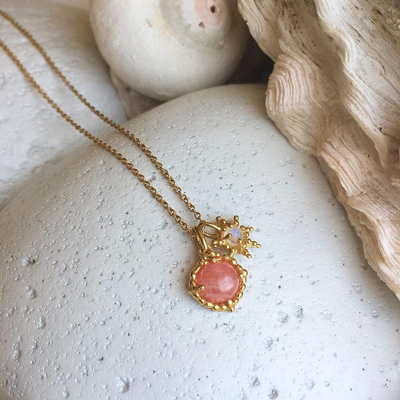 Peach Rhodochrosite and moonstone gemstone necklace on 18ct gold plated silver rustic gemstone pendant star pendant cabochon gemstone