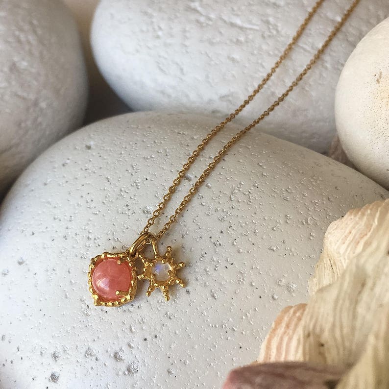 Peach Rhodochrosite and moonstone gemstone necklace on 18ct gold plated silver rustic gemstone pendant star pendant cabochon gemstone