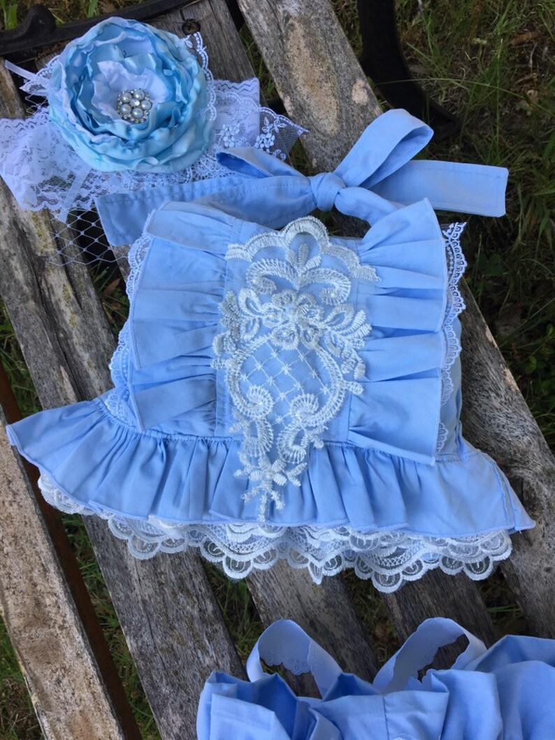 Ruffles and lace girls blush pink OR baby blue halter top and matching bloomers ALL handmade flower headband sold seperate