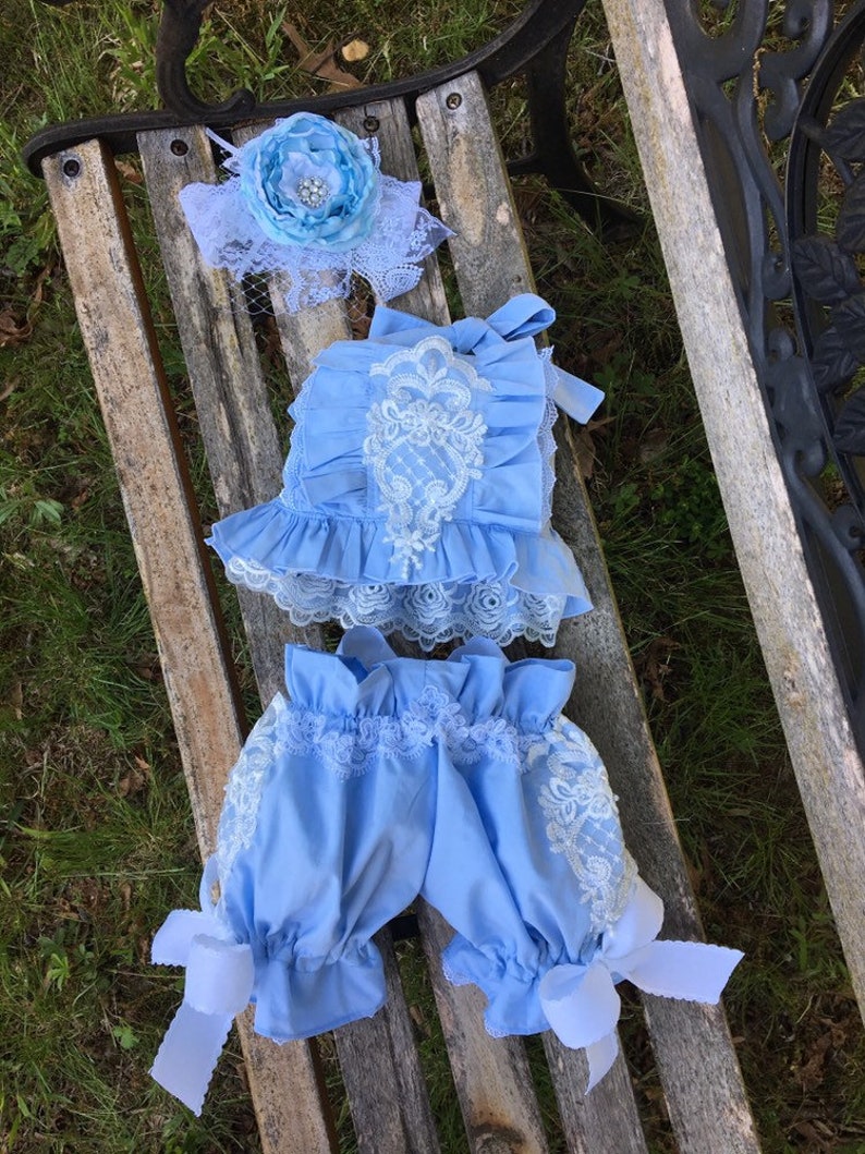Ruffles and lace girls blush pink OR baby blue halter top and matching bloomers ALL handmade flower headband sold seperate