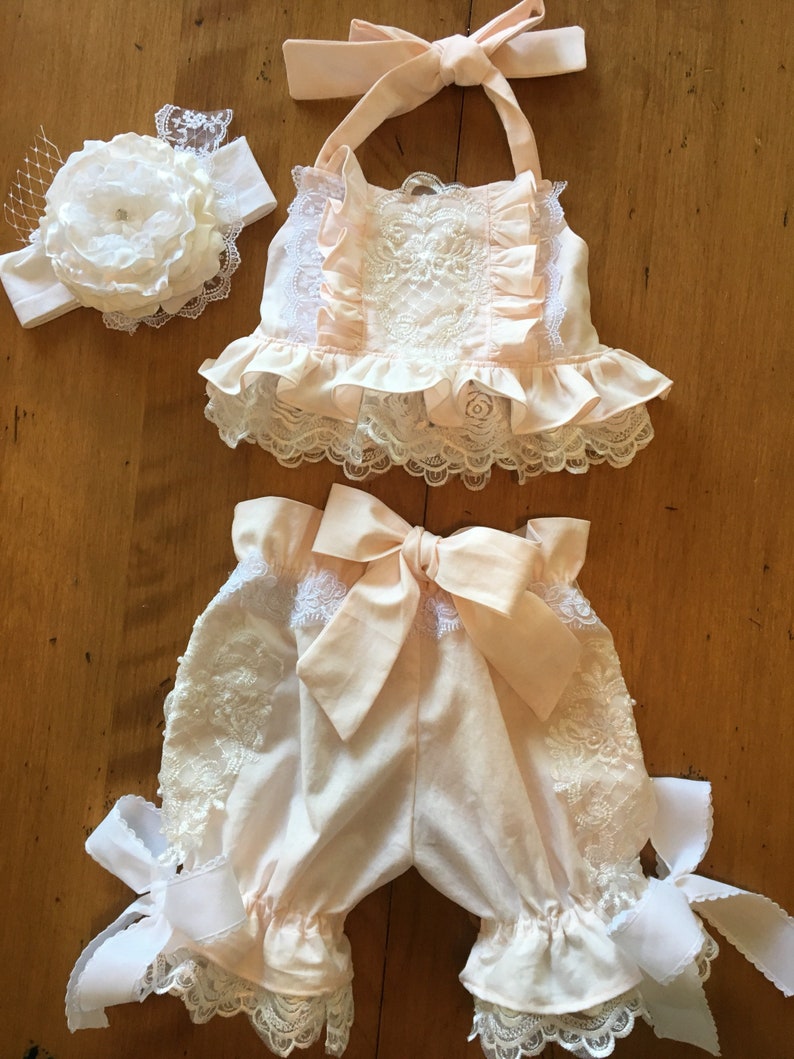 Ruffles and lace girls blush pink OR baby blue halter top and matching bloomers ALL handmade flower headband sold seperate