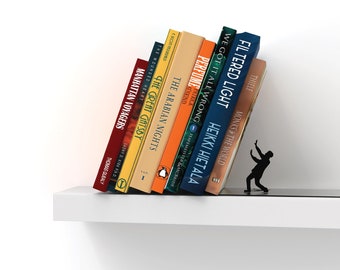 Falling Bookend: Black Metal Book Holder, Minimalist Bookshelf Decor