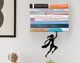 DE Metal Hanging Book Shelf // Floating Bookshelf // Superhero Silhouette // Unique Accessories // "Wondershelf" by ArtoriDesign