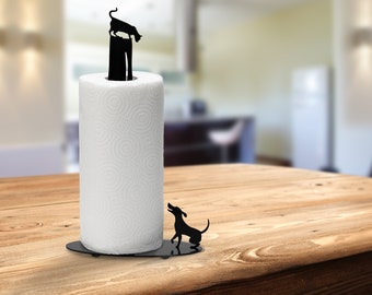 Dog vs. Cat Paper Towel Holder: Black Metal Kitchen Decor