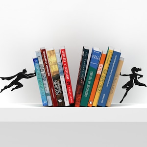 Bookends Shaped as a Superheros - Set of 2. | Metal Designed Bookends | Superhero and Supergal | Cool gift | Unique Book Accessories