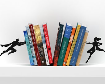 Superhero Bookends – Metal Book Ends, Female and Male - set of 2. Unique Book Accessories