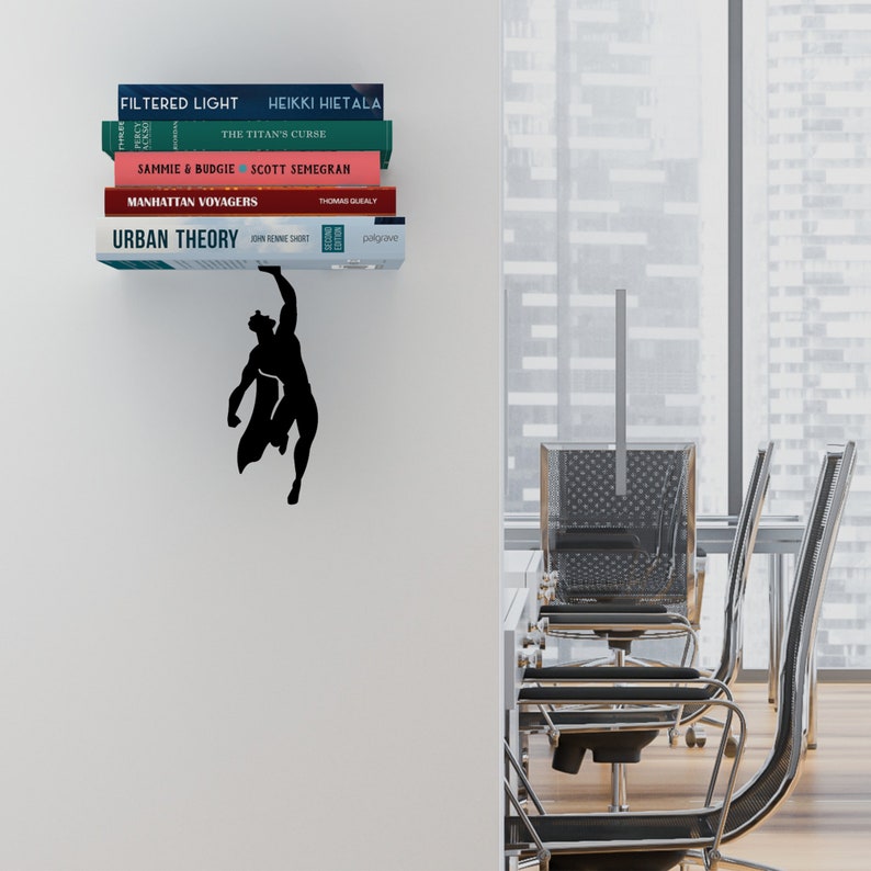 Metal Hanging Book Shelf // Floating Bookshelf // Superhero Silhouette // Unique Accessories // Supershelf Superhero by ArtoriDesign Bild 3