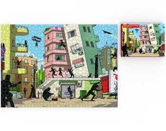 Può includere: Un puzzle colorato che rappresenta una scena di città con edifici, persone e un'auto volante. Il puzzle è intitolato "Urban Life by Artifact Design".