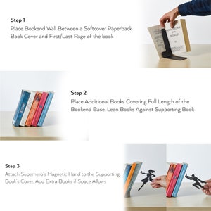 May include: A step-by-step guide on how to use a superhero-themed bookend. The first step shows a bookend placed between the cover and first page of a book. The second step shows additional books placed against the bookend. The third step shows a superhero hand attached to the bookend.
