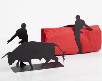 Bull and Matador Napkin Holder – Metal Table Decor with a Playful Twist - Red napkins preferred