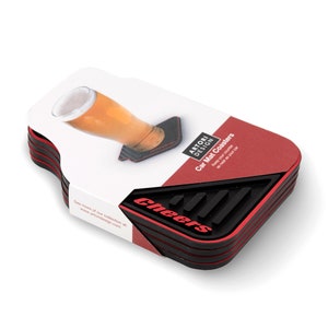 May include: Set of four black and red car coasters with the text "Cheers" on the front. The coasters are made of a soft, flexible material and are designed to keep your drinks from spilling in your car.