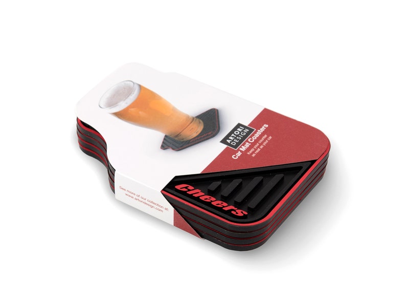 May include: Set of four black and red car coasters with the text "Cheers" on the front. The coasters are made of a soft, flexible material and are designed to keep your drinks from spilling in your car.