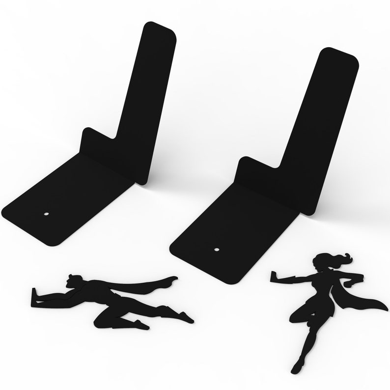 May include: Black metal bookends shaped like a superhero and a superwoman. The bookends are designed to hold books upright.