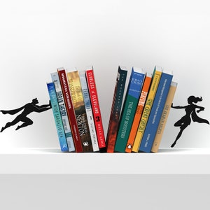 Metal Bookend Shaped as a Superhero - Set of 2. - Female and Male // Metal Designed Bookends // Bookend Art // Cool gift // Unique Bookends