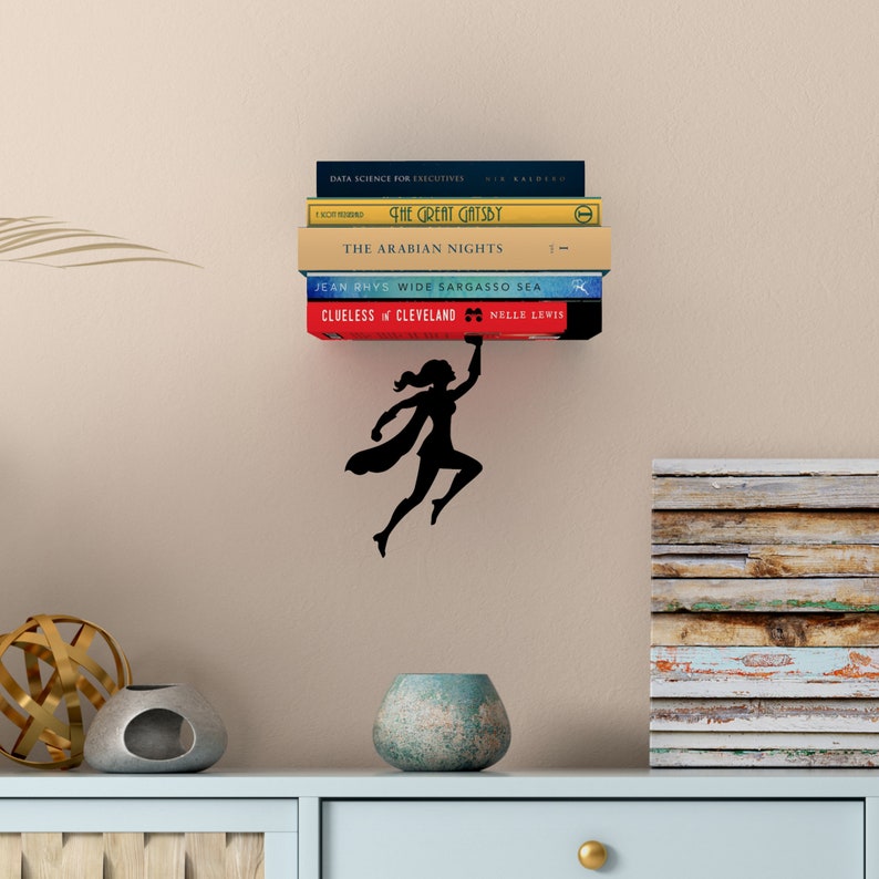 INTL Metal Hanging Hidden Book Shelf // Floating Bookshelf // Superhero Silhouette // Unique Accessories // Wondershelf by Artori Design image 4