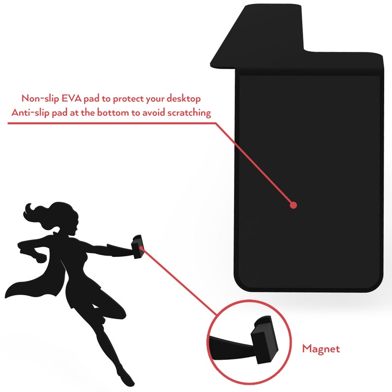 May include: Black phone stand with a magnetic base and non-slip pads on the bottom. The stand is designed to hold a phone upright.