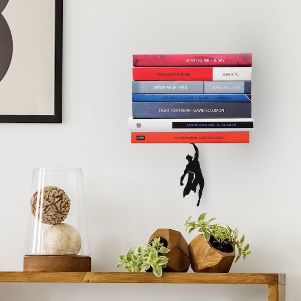 Metal Hanging Book Shelf // Floating Bookshelf // Superhero Silhouette // Unique Accessories // "Supershelf - Superhero" by ArtoriDesign