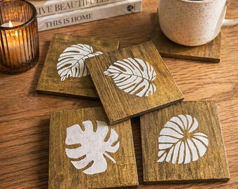 Posavasos Monstera, fáciles de limpiar, posavasos de madera Monstera.