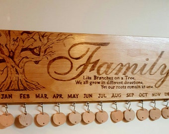 Handmade Wood Burned Family Birthday Calendar - Personalized Wall Hanging