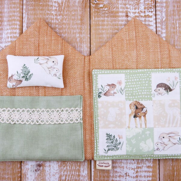 Puppenhaus Stoffhaus für Puppen und Kuscheltiere Patchwork Puppentasche Reh Waldtiere