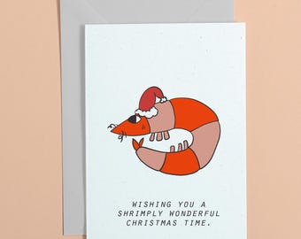 Shrimpy Wonderful Christmas Card – Funny Seafood Pun Illustrated Holiday Greeting A6 Eco-Friendly Card #actuallyhandmade