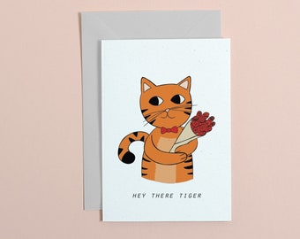 Playful Tiger Valentine's Day Card - Hey There Tiger, Cat Lover Greetings #actuallyhandmade