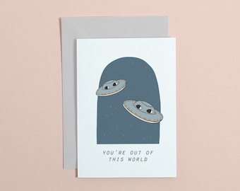 you're out of this world greetings card // your awesome greetings card // just because card // space illustration // eco minded production